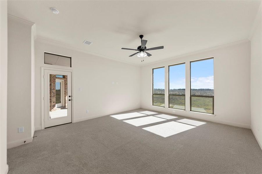 Empty room featuring light carpet, a ceiling fan, and crown molding Empty room featuring light carpet, a ceiling fan, and crown molding