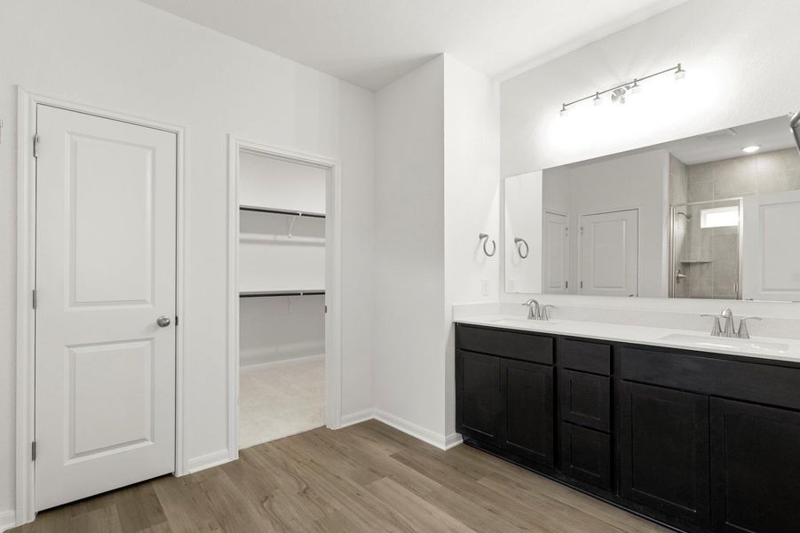 Full bathroom with double vanity, a stall shower, light wood-type flooring, and a spacious closet