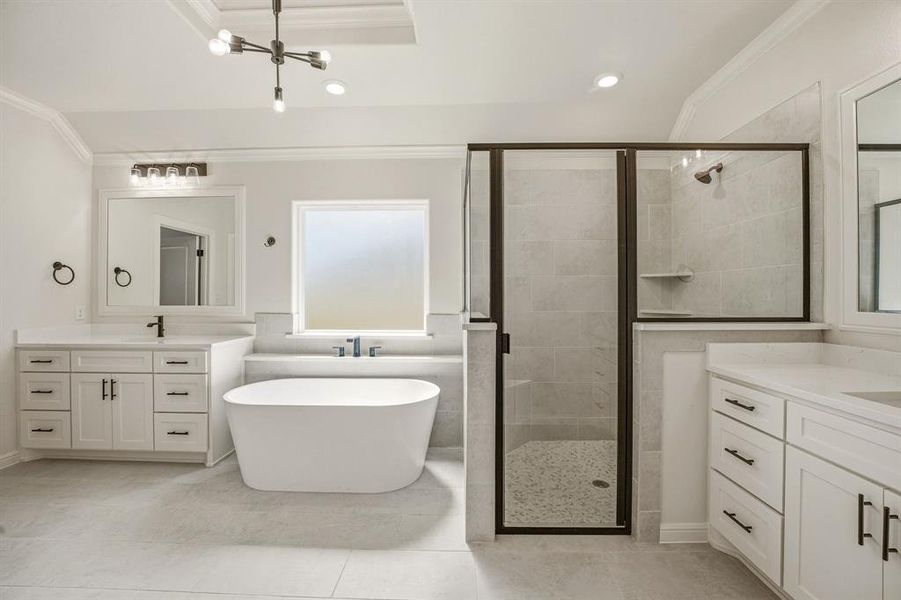 Bathroom with two vanities, crown molding, a soaking tub, and a stall shower
