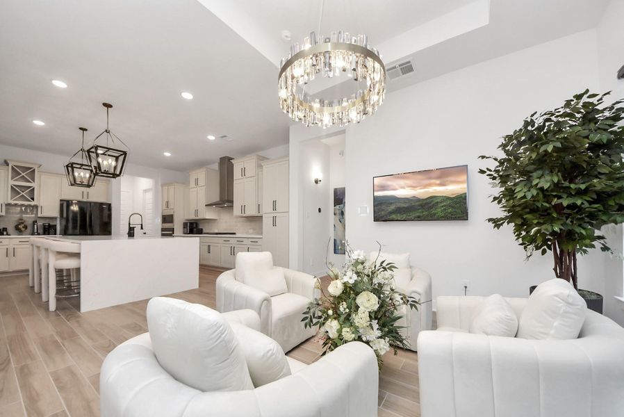Open-concept dining area transformed into a comfortable seating nook.