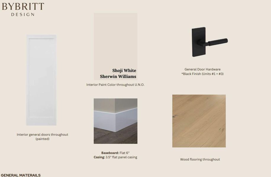 Design Specifications. Outlining material selections for the property's doors, paint, hardware, baseboards, casing, and flooring