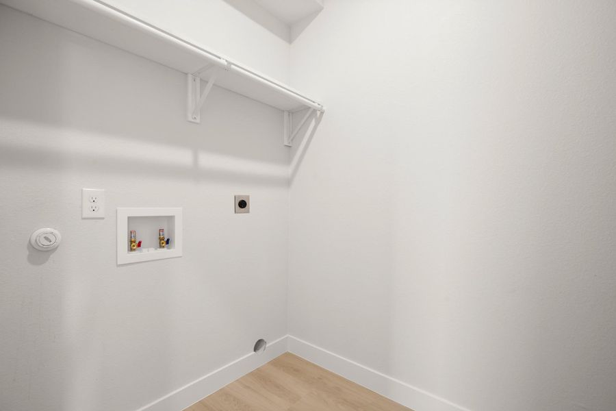 Laundry room with electric dryer hookup, light wood finished floors, and washer hookup