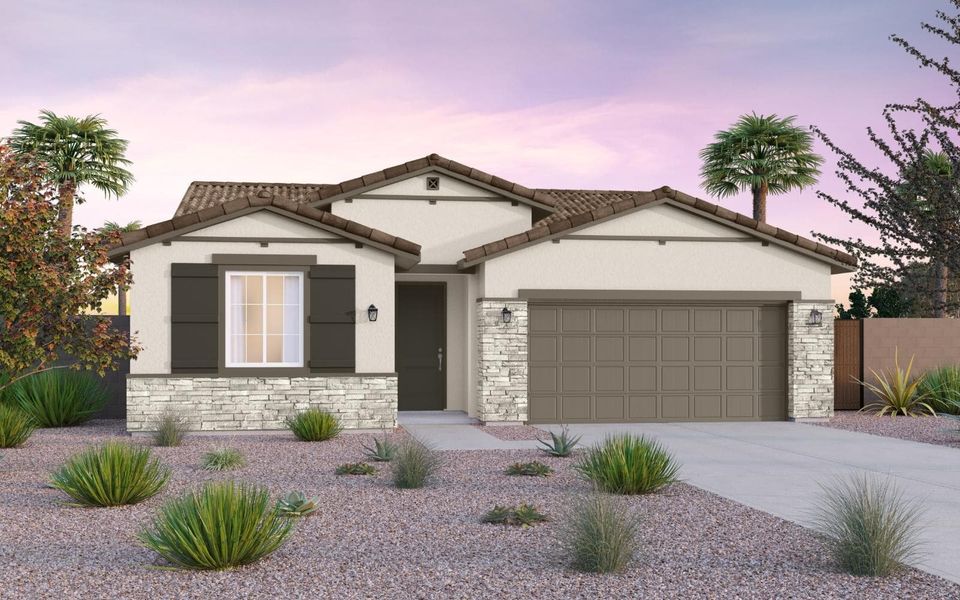 Representative exterior photo of a completed home built from the Lantana by Brookfield Residential in Laurel at Blossom Rock, Apache Junction, AZ (Image 2). Representative exterior photo of a completed home built from the Lantana by Brookfield Residential in Laurel at Blossom Rock, Apache Junction, AZ (Image 2).