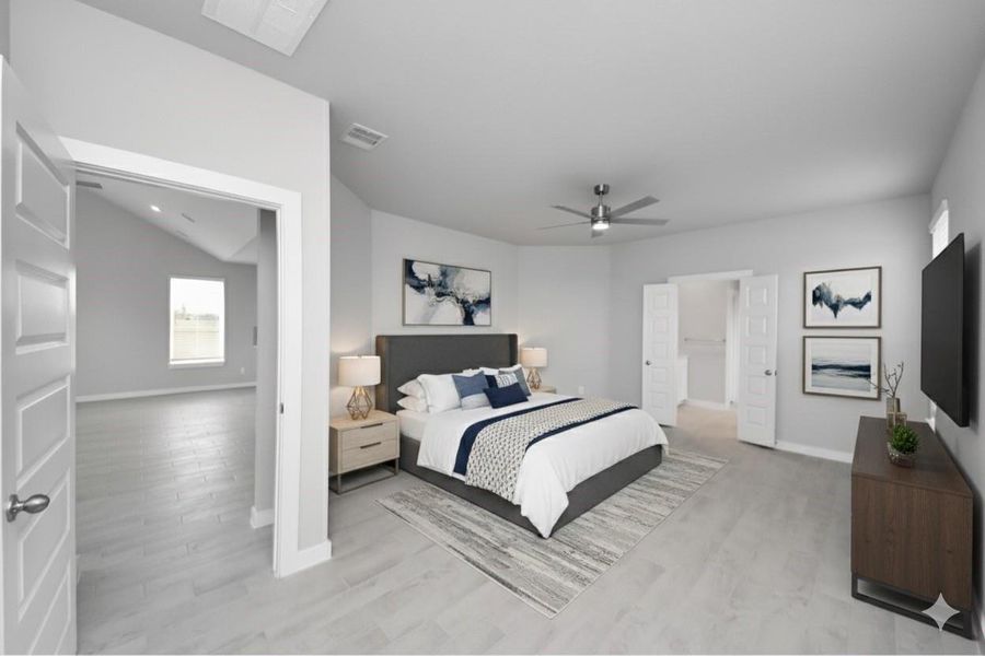 Virtually Staged - Primary Bedroom. Sample photo of completed home with similar floor plan. Actual colors and selections may vary. Virtually Staged - Primary Bedroom. Sample photo of completed home with similar floor plan. Actual colors and selections may vary.