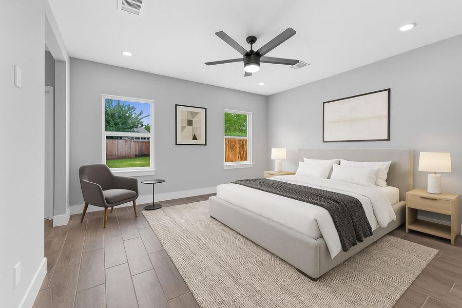 Primary bedroom virtually staged.