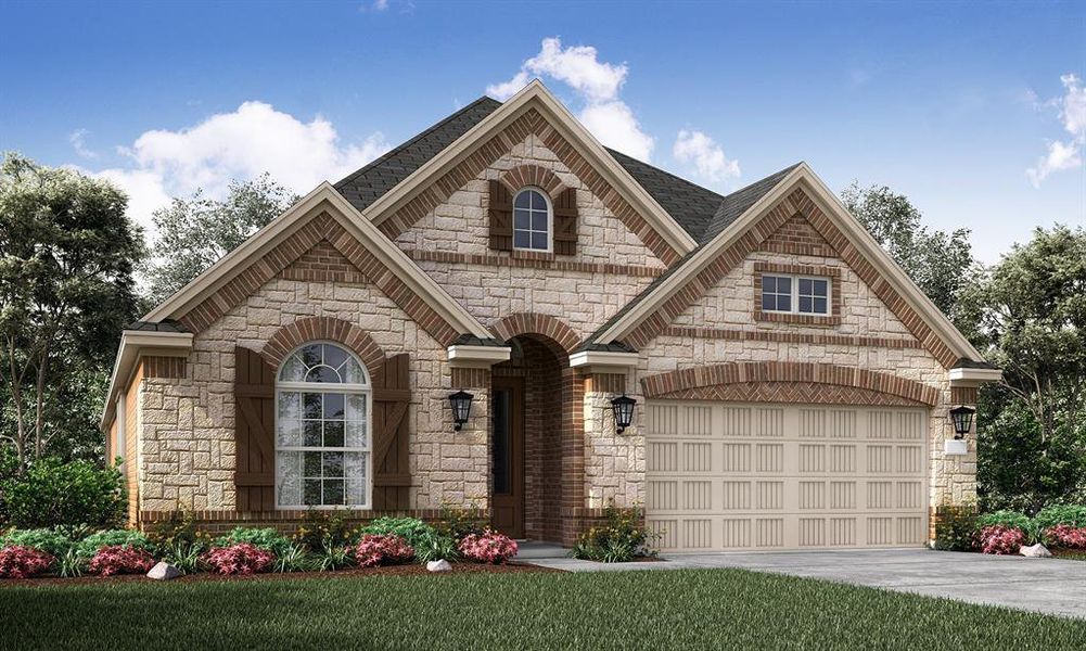 View of front of property featuring a garage and a front yard