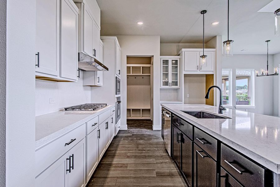 Kitchen with abundant cabinetry, modern finishes, and walk-in pantry Kitchen with abundant cabinetry, modern finishes, and walk-in pantry