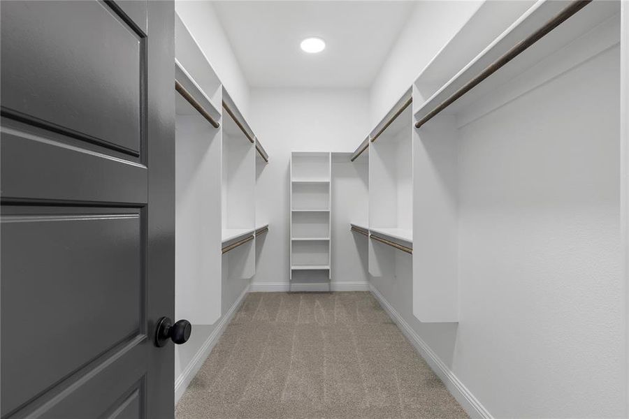 Walk in closet with light carpet