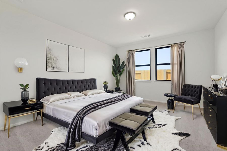 The primary bedroom is generously sized, creating a tranquil and spacious retreat that offers ample room for relaxation. Featuring plush carpet, high ceilings, fresh paint, and large windows that lets in natural lighting throughout the day. The primary bedroom is generously sized, creating a tranquil and spacious retreat that offers ample room for relaxation. Featuring plush carpet, high ceilings, fresh paint, and large windows that lets in natural lighting throughout the day.