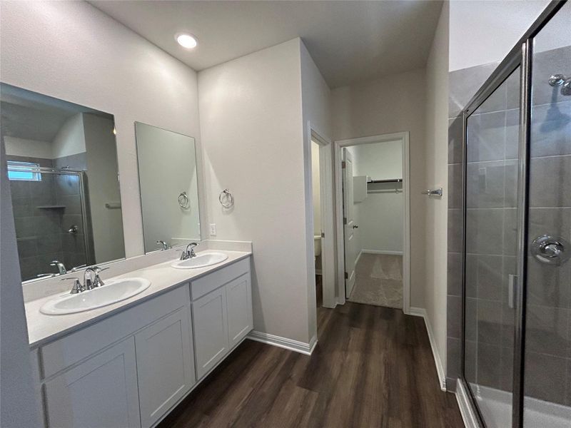 Bathroom with a stall shower, wood finished floors, a spacious closet, and double vanity Bathroom with a stall shower, wood finished floors, a spacious closet, and double vanity
