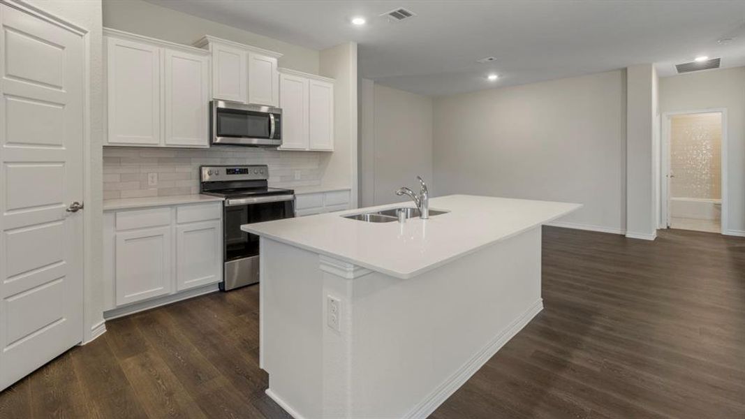 Kitchen with decorative backsplash, stainless steel appliances, white cabinetry, dark wood finished floors, and recessed lighting Kitchen with decorative backsplash, stainless steel appliances, white cabinetry, dark wood finished floors, and recessed lighting