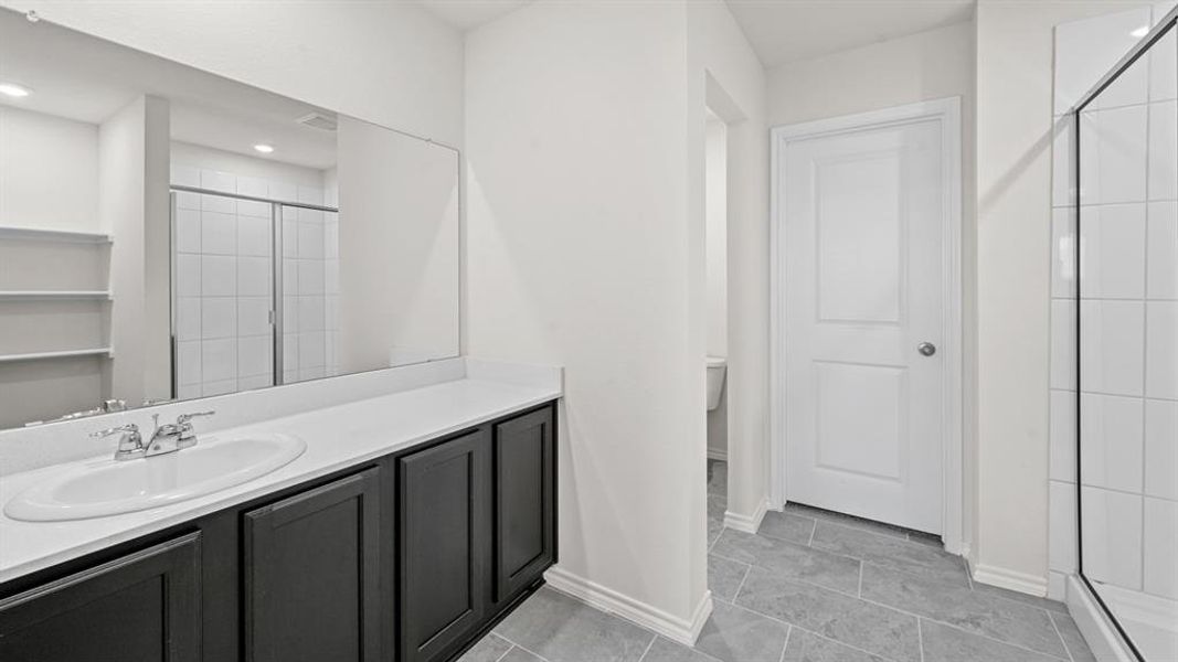 Bathroom vanity featuring a single basin, dark cabinetry, and an expansive mirror