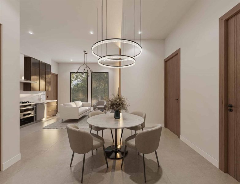 Dining space featuring recessed lighting, light tile patterned floors, and a chandelier Dining space featuring recessed lighting, light tile patterned floors, and a chandelier