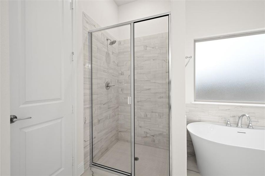 Full bathroom with a shower stall and a freestanding tub Full bathroom with a shower stall and a freestanding tub