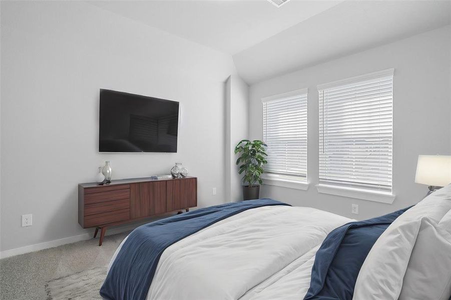 Secondary bedroom features plush carpet, neutral paint and a large window with privacy blinds.