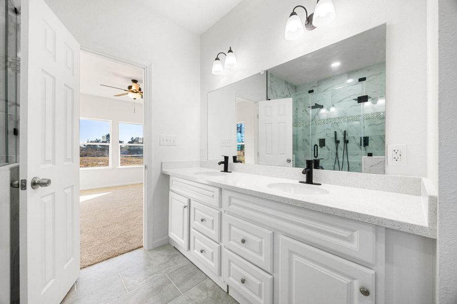Luxurious primary bathroom featuring a dual-sink vanity, elegant lighting, and a spacious glass-enclosed shower. Perfect for relaxation and style. Luxurious primary bathroom featuring a dual-sink vanity, elegant lighting, and a spacious glass-enclosed shower. Perfect for relaxation and style.