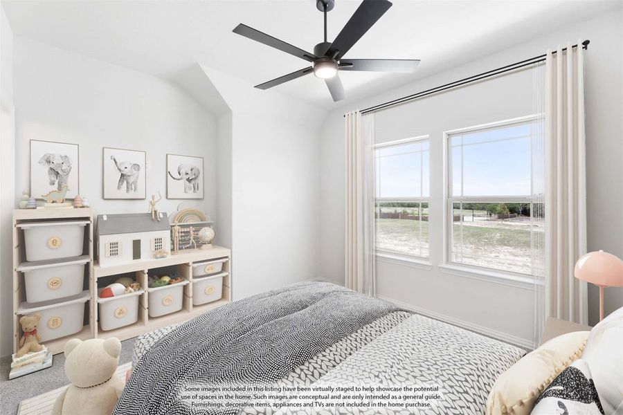 Child's bedroom with vaulted ceiling, ceiling fan, toy storage shelves, and large windows with outdoor views Child's bedroom with vaulted ceiling, ceiling fan, toy storage shelves, and large windows with outdoor views