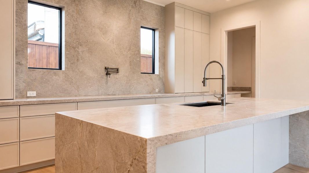Chef's kitchen with high end appliance package, natural stone, and custom cabinets