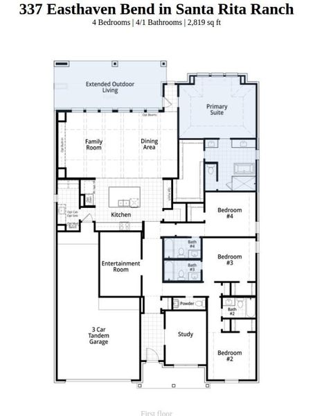 2D floor plan layout of this home in Santa Rita Ranch, Liberty Hill, TX (Image 4).