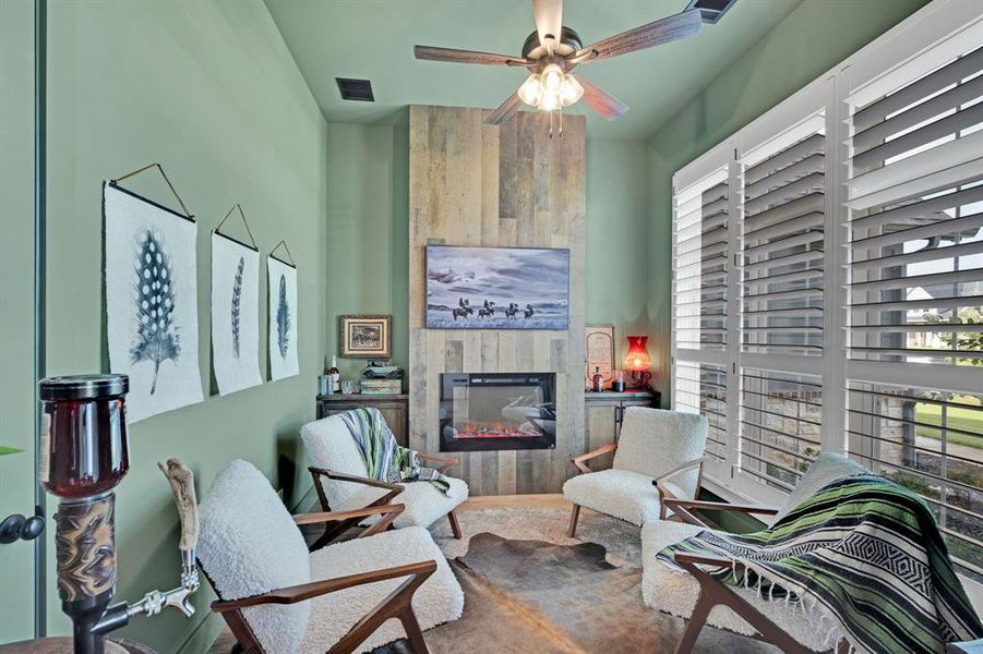 Beautiful fireplace made from reclaimed wood from the Jim Beam Distillery!