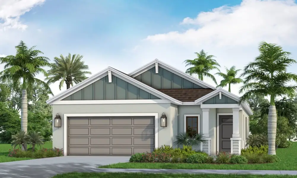 Front exterior of a new home in Canoe Creek, Parrish, FL, highlighting curb appeal (Image 1). Front exterior of a new home in Canoe Creek, Parrish, FL, highlighting curb appeal (Image 1).