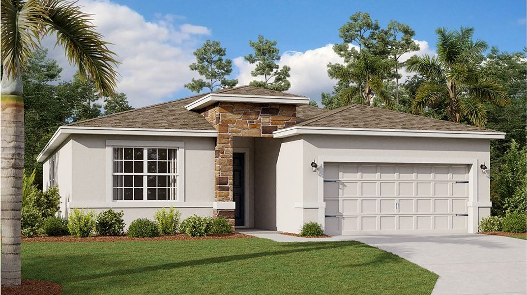 Front exterior of a new home in Crosswinds: Estate Key Collection, Haines City, FL, highlighting curb appeal (Image 1). Front exterior of a new home in Crosswinds: Estate Key Collection, Haines City, FL, highlighting curb appeal (Image 1).