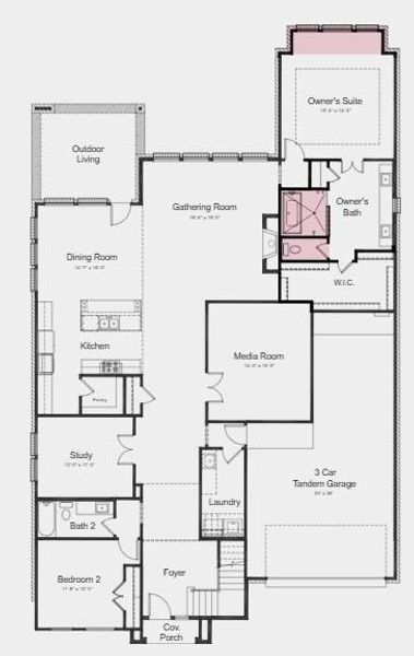 First Floor Plan - Additional Highlights include: Media room, tankless water heaters, ring doorbell camera, and sprinkler system