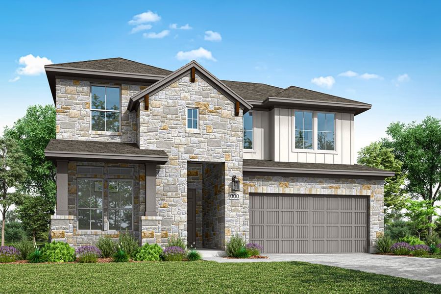 Representative exterior photo of a completed home built from the Sheldon by Tri Pointe Homes in Park Collection at Heritage, Dripping Springs, TX (Image 2).