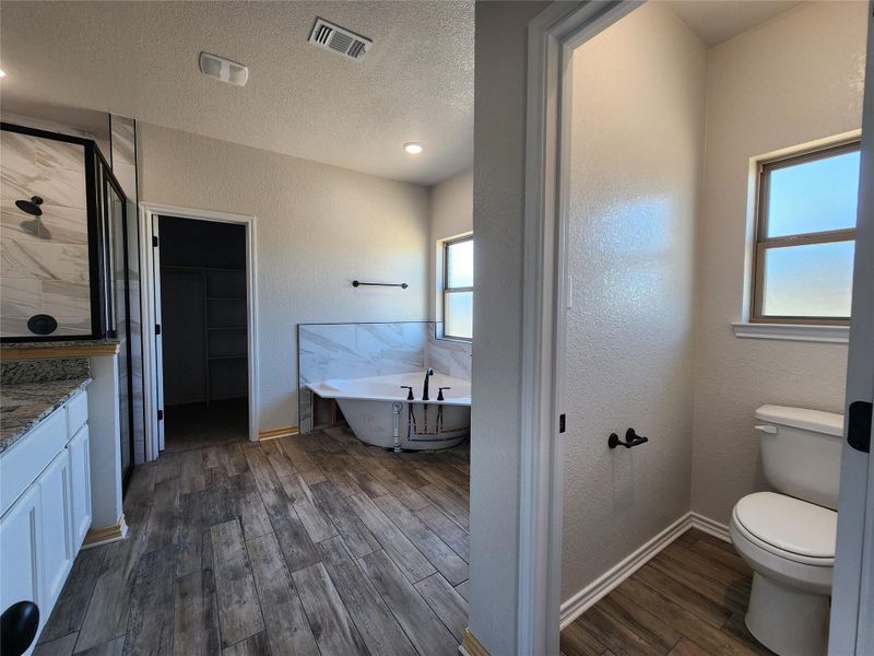 Full bathroom with dark wood-style flooring, a textured wall, a shower stall, vanity, and a freestanding tub