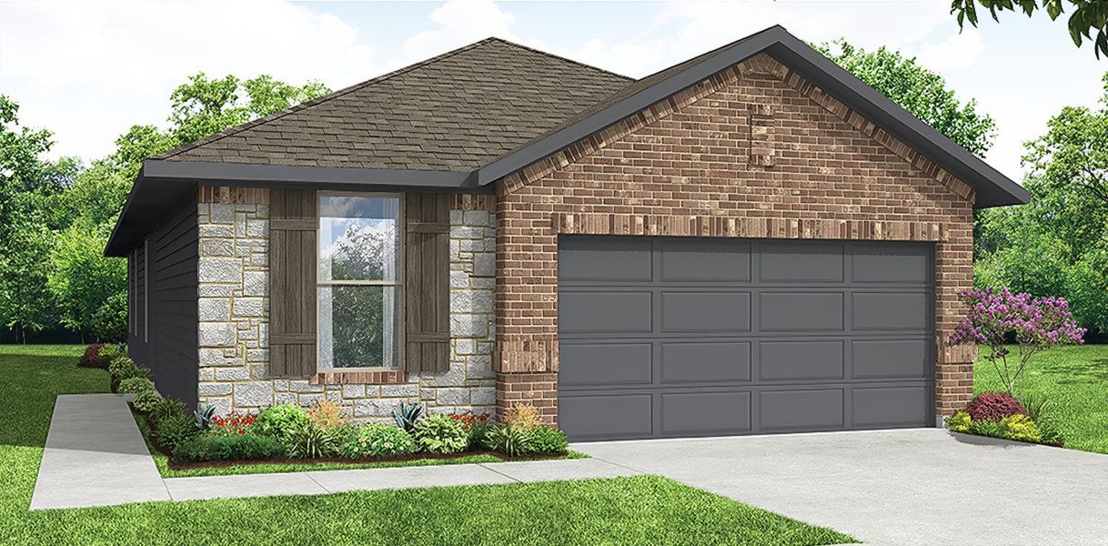 Representative exterior photo of a completed home built from the Hickory by Impression Homes in Belmont, Aubrey, TX (Image 8). Representative exterior photo of a completed home built from the Hickory by Impression Homes in Belmont, Aubrey, TX (Image 8).