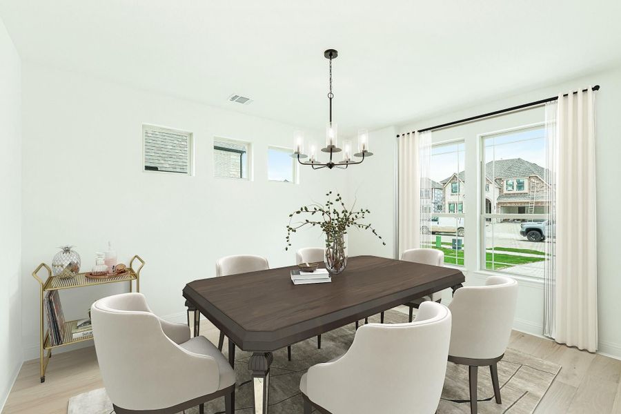Dining room with dark wood table, eight white chairs, chandelier, and large windows with neighborhood view