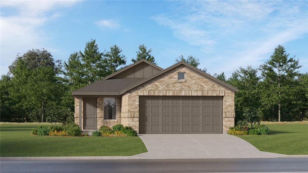 View of front of home featuring a front lawn and a garage