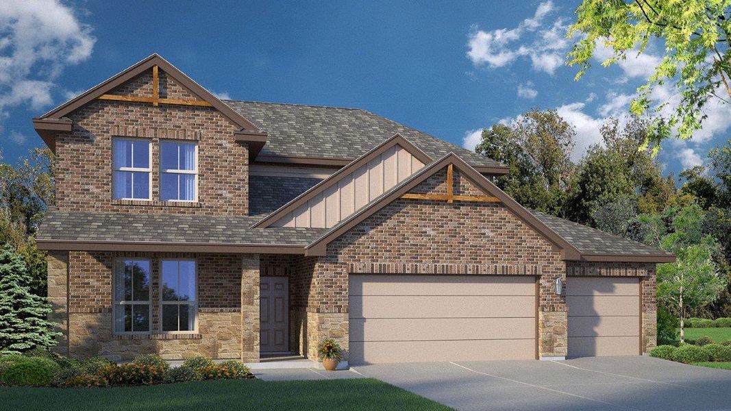 Front exterior of a new home in Country Meadows, Thorndale, TX, highlighting curb appeal (Image 1).