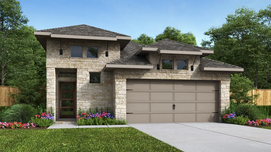 Front exterior of a new home in The Woodlands Hills 40', Willis, TX, highlighting curb appeal (Image 1).