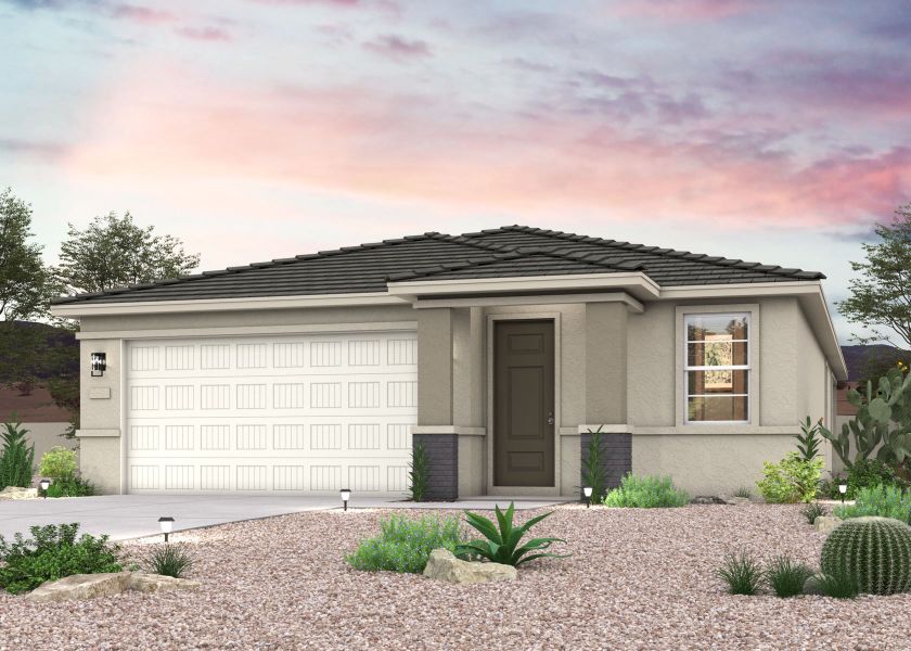 Front exterior of a new home in Montaña Vista, Buckeye, AZ, highlighting curb appeal (Image 1). Front exterior of a new home in Montaña Vista, Buckeye, AZ, highlighting curb appeal (Image 1).
