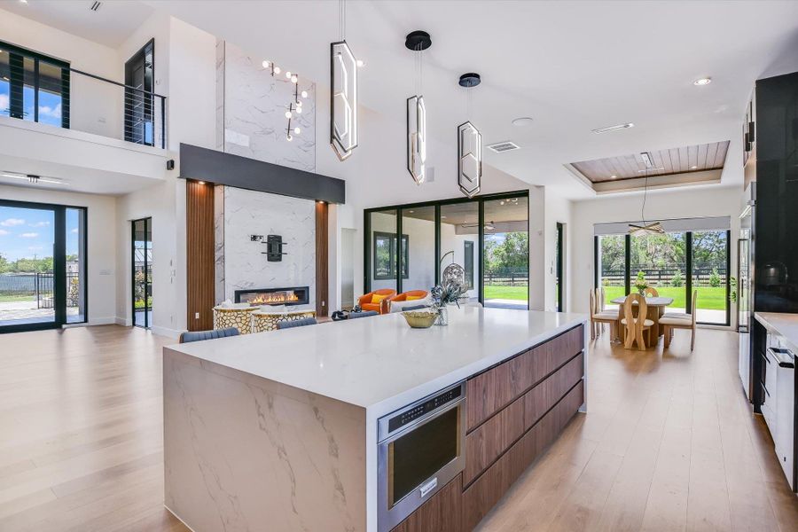 Kitchen with modern cabinets, a towering ceiling, light wood-style floors, healthy amount of natural light, and a fireplace Kitchen with modern cabinets, a towering ceiling, light wood-style floors, healthy amount of natural light, and a fireplace