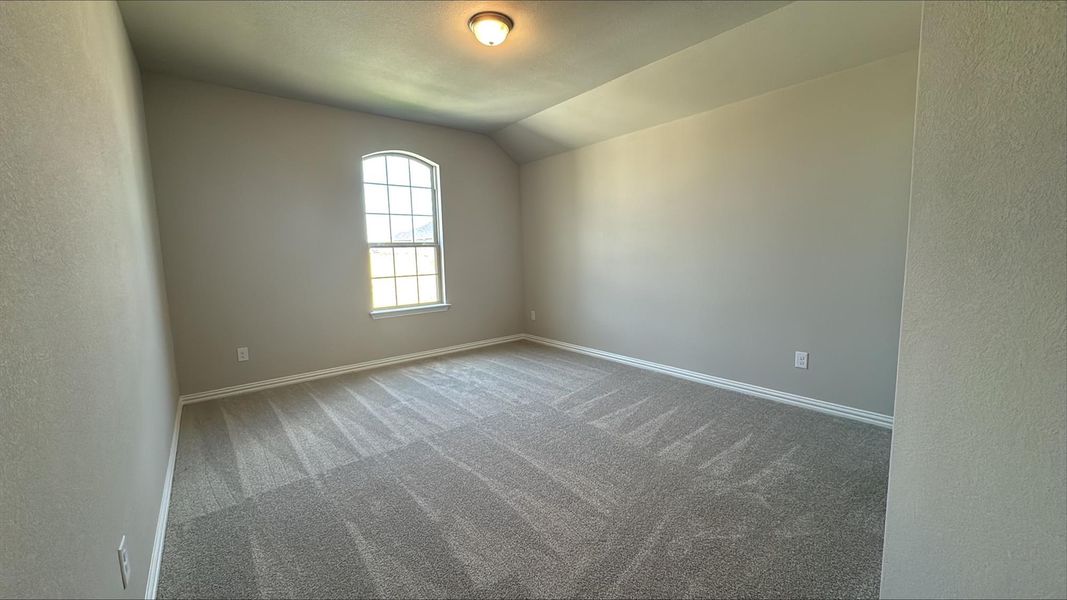 Carpeted empty room with a textured wall and vaulted ceiling