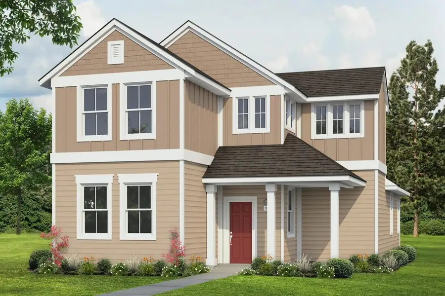 Rendering of two story two-tone khaki colored home with red door with landscaping and sky