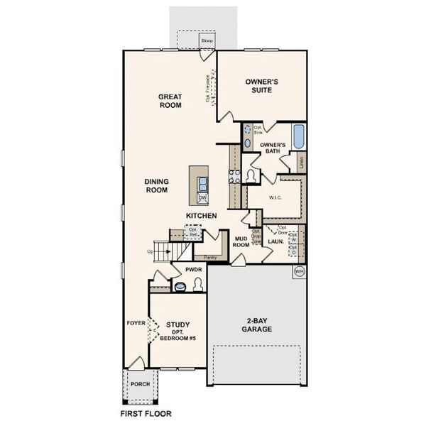 Explore this first-floor layout featuring a spacious great room, a kitchen with an island, and a convenient two-bay garage.