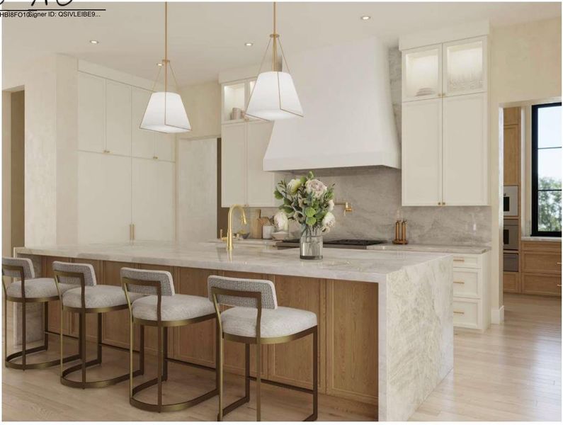 Rendering of stunning kitchen with Taj Mahal counters, SubZero/Viking appliances, and prep kitchen behind for additional storage and seamless entertaining.