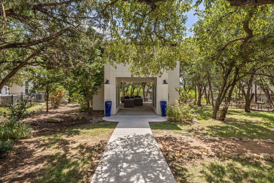 This is the building that houses the outdoor living room and fireplace, as well as mailboxes. This is the building that houses the outdoor living room and fireplace, as well as mailboxes.