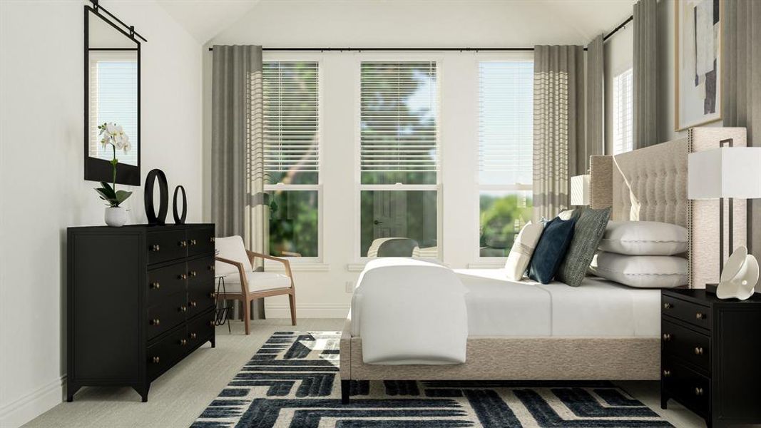 Carpeted bedroom featuring multiple windows