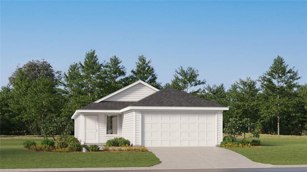 Ranch-style home with a front yard and a garage