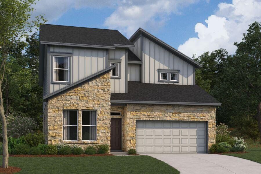 Front exterior of a new home in Cedar Brook, Leander, TX, highlighting curb appeal (Image 1). Front exterior of a new home in Cedar Brook, Leander, TX, highlighting curb appeal (Image 1).