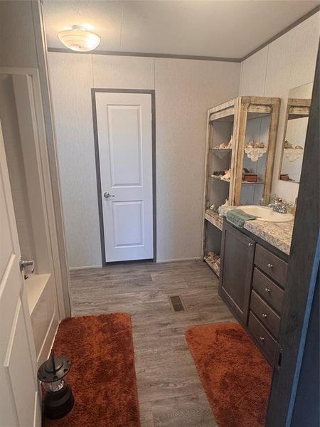 Bathroom with vanity and dark wood-style floors Bathroom with vanity and dark wood-style floors