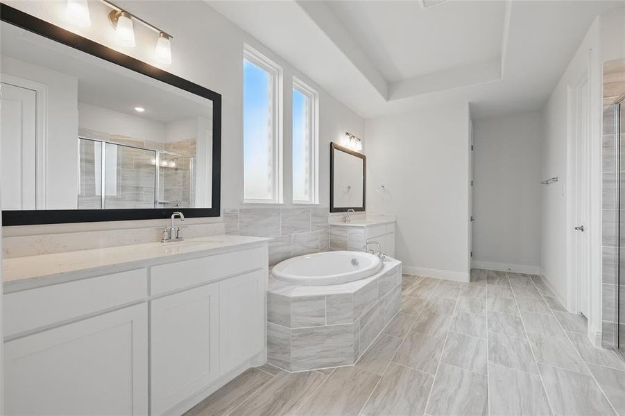 Bathroom featuring a sink, two vanities, a garden tub, and a shower stall