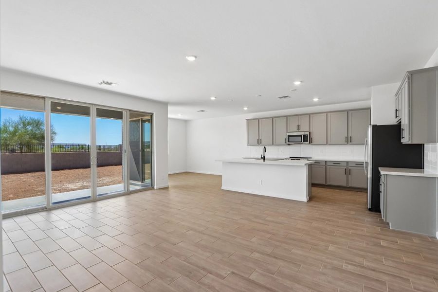Great room, kitchen and dining
