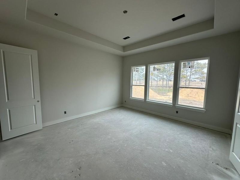 Empty room with a raised ceiling and unfinished concrete flooring
