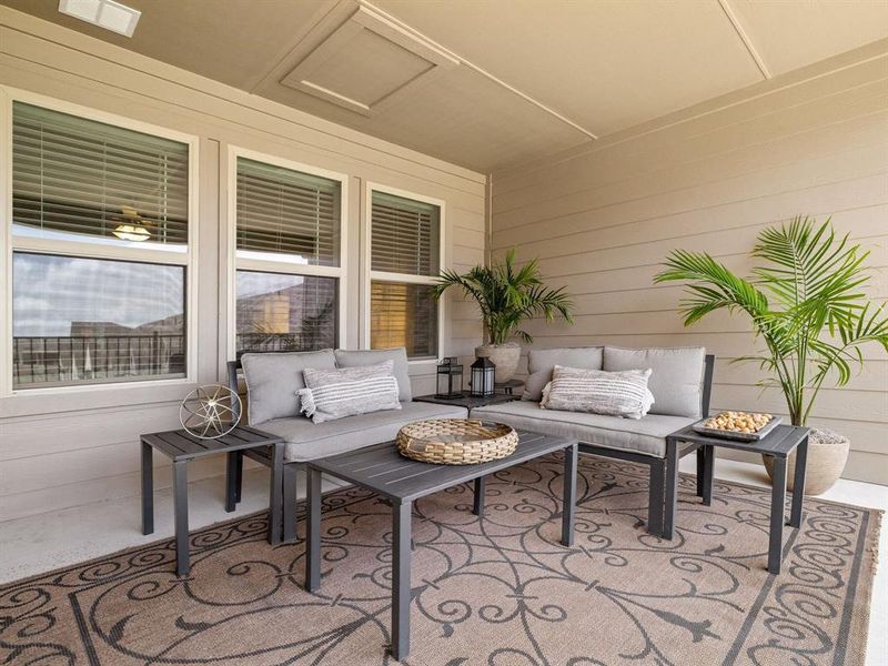 Expansive balcony footprint allows for multiple outdoor furniture arrangements to lounge or host guests.