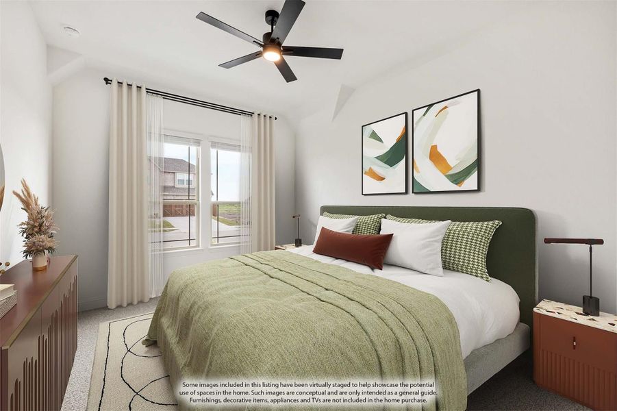 Bedroom with vaulted ceiling, ceiling fan, green upholstered bed, and large window with sheer curtains